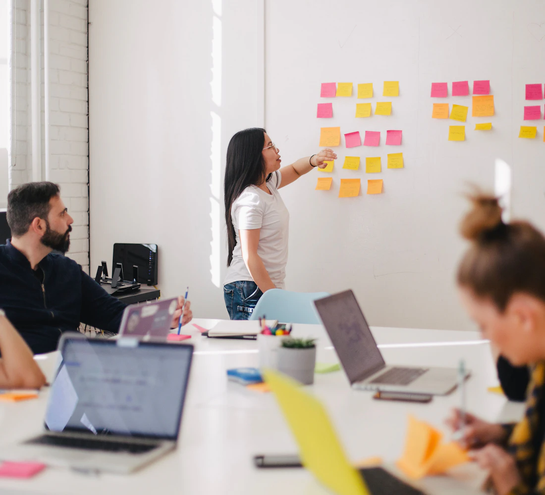Business growth strategy workshop with sticky notes on a whiteboard